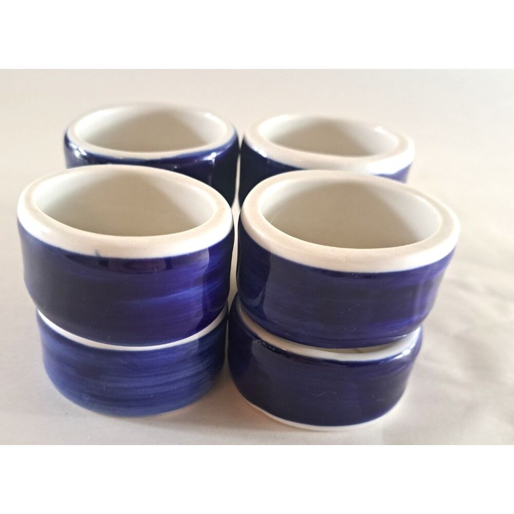 Vintage Blue White Striped Napkin Rings Ceramic Hand Painted Set of 8 Festive